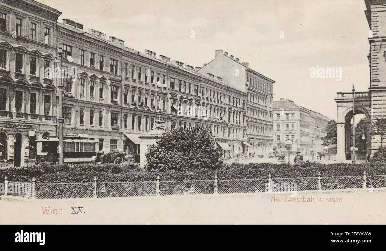 20th, Nordwestbahnstraße - con lato di partenza del Nordwestbahnhof, cartolina fotografica, Sperlings Postkartenverlag (M. S.), fabbricante, 1900-1905, cartone, collotipo, altezza x larghezza 9 x 14 cm, stazione ferroviaria, trasporti pubblici, luoghi ed edifici scomparsi, traffico e trasporti, 20: Brigittenau, strada, la solita casa o fila di case, basso edificio, casa combinata con negozio, con persone, la collezione Vienna Foto Stock