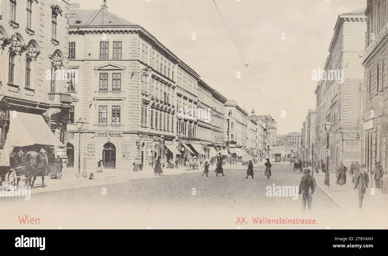 20th, Wallensteinstraße - General, Picture Postcard, Sperlings Postkartenverlag (M. S.), Producer, 1900-1905, Cardboard, collotype, altezza x larghezza 9 x 14 cm, trasporti pubblici, traffico e trasporti, 20: Brigittenau, strada, la solita casa o fila di case, basso edificio, casa con negozio, con persone, illuminazione stradale, quattro ruote, veicolo trainato da animali, ad esempio Droschke, carrozza, carro, ferrovia, tram; ferrovia a cremagliera., Vienna Collection Foto Stock