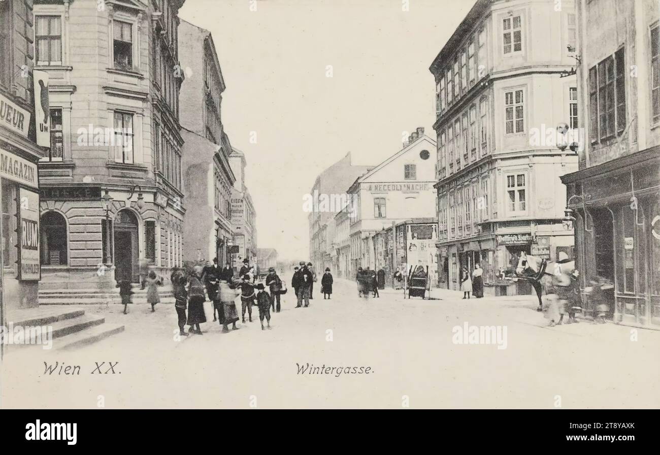 20th, Wintergasse (oggi Hartlgasse) - generale, cartolina fotografica, Sperlings Postkartenverlag (M. S.), produttore, 1908, cartone, collotipo, altezza x larghezza 9 x 14 cm, 20: Brigittenau, strada, casa ordinaria o fila di case, basso, appartamento, casa combinata con negozio, con persone, la Vienna Collection Foto Stock