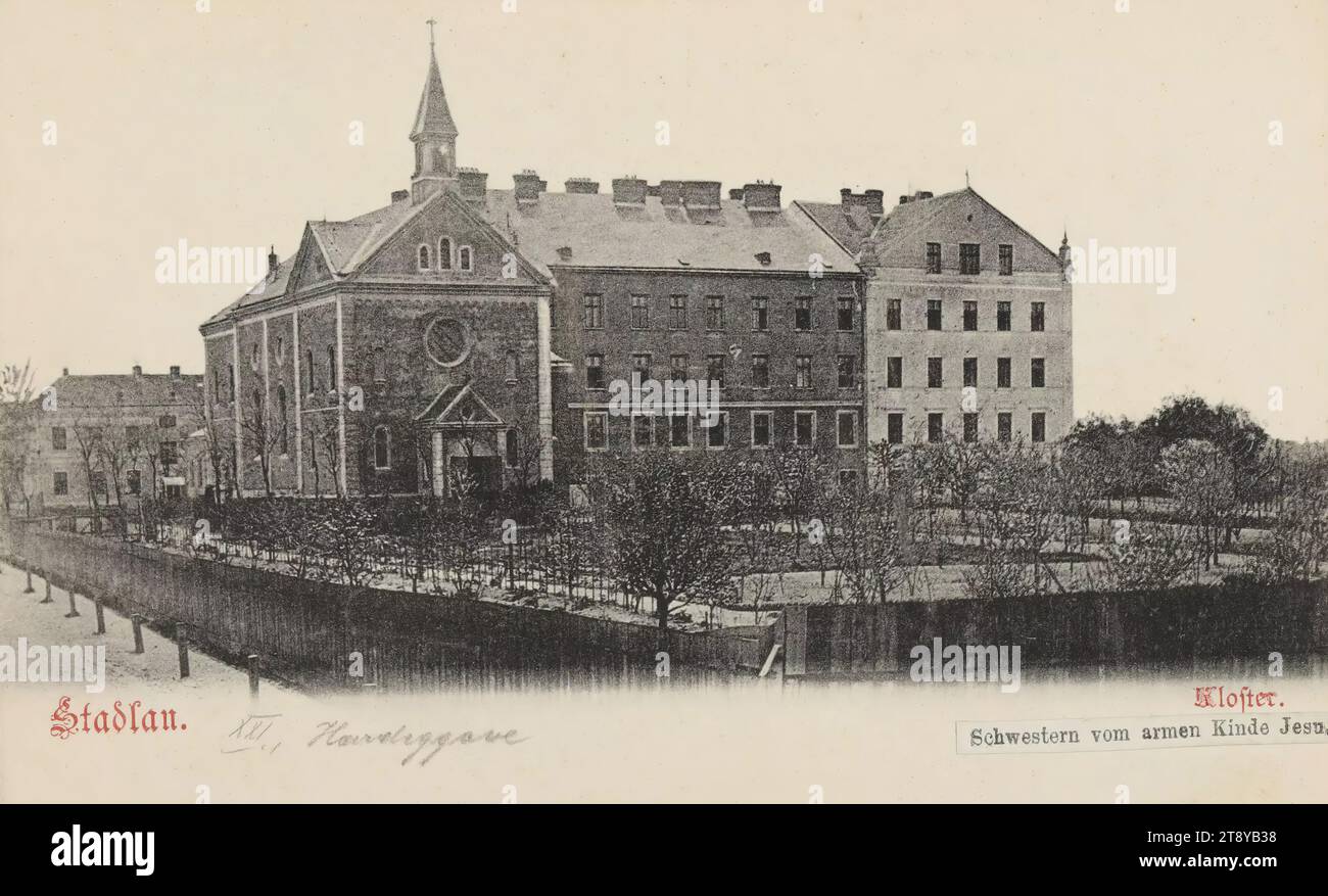 22°, Stadlau - Hardeggasse 65 - convento, Sisters of the Poor Child Jesus, cartolina fotografica, editore Josef Popper (J. P. W.), produttore, 1900-1904, cartone, collotipo, altezza x larghezza 9 x 14 cm, 22: Donaustadt, chiesa (esterna), abbazia, convento  Chiesa cattolica romana, collezione di Vienna Foto Stock