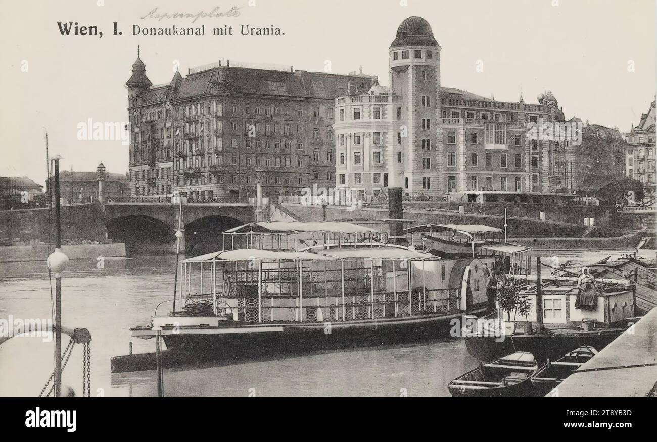 Canale del Danubio - con Urania, cartolina fotografica, Brüder Kohn KG (B. K. W. I.), produttore, 1910, cartone, collotipo, altezza x larghezza 9 x 14 cm, Danubio, fiume Vienna, istruzione e formazione, canale Danubio, canali, acque (in città), ponte, navi (in generale), osservatorio ( astronomia), con persone, Urania, la Vienna Collection Foto Stock