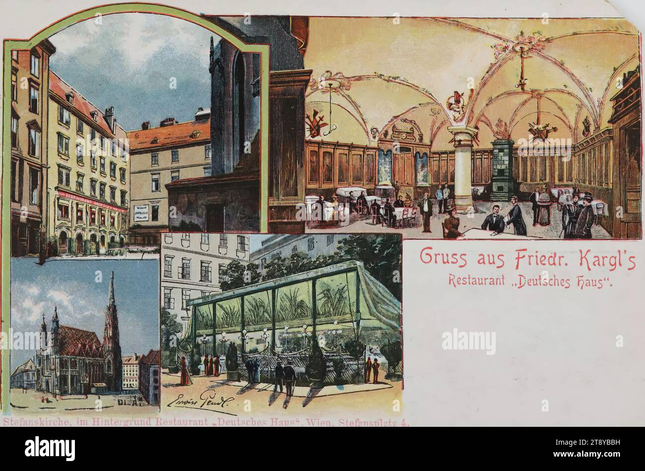 1st, Stephansplatz 4 - ristorante 'Deutsches Haus', cartolina fotografica, discutibile:, data intorno al 1898, cartone rivestito, incisione in legno, altezza x larghezza 9 x 14 cm, industria alberghiera e ristorante, St Cattedrale di Stephan, attrazioni, 1° distretto: Innere Stadt, Stephansplatz, la collezione di Vienna Foto Stock