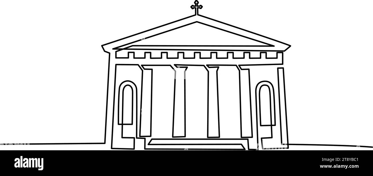 Edificio della Chiesa cattolica. Stile di disegno continuo a una linea. Illustrazione Vettoriale