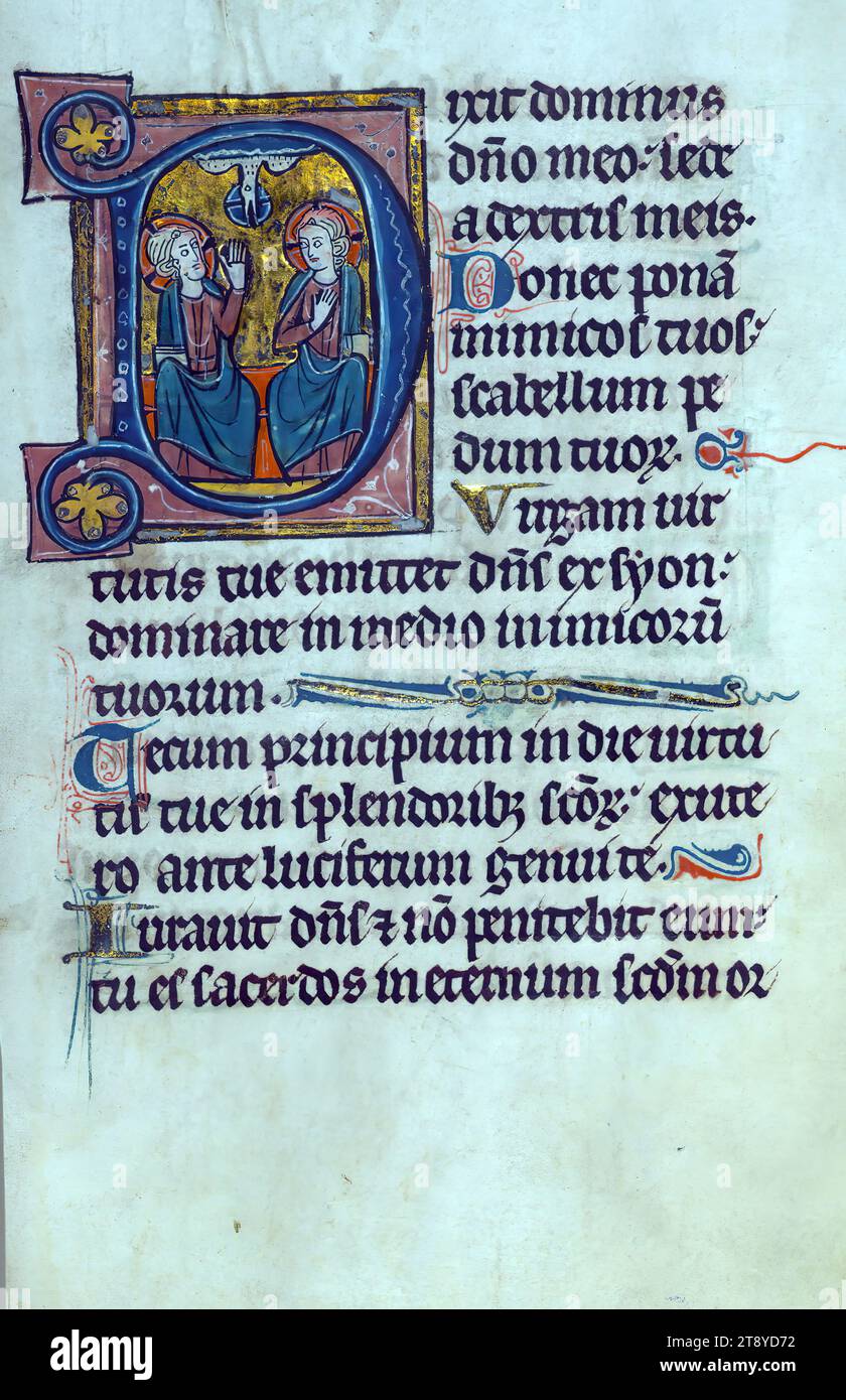 Salterio con litanie aggiunte, iniziale "D" con Trinità, questo Salterio fu creato nel nord-est della Francia, una regione considerata delle Fiandre all'epoca, durante il terzo quarto del XIII secolo. Poco si sa della sua provenienza iniziale, anche se la sua serie di iniziali storiate è stata paragonata a quelle create negli atelier 'Mathurin' e 'Venceslao' di Parigi. Due diverse litanie per l'uso di Troyes furono aggiunte nel XVI secolo, suggerendo che fosse di proprietà in quella regione a quel tempo Foto Stock