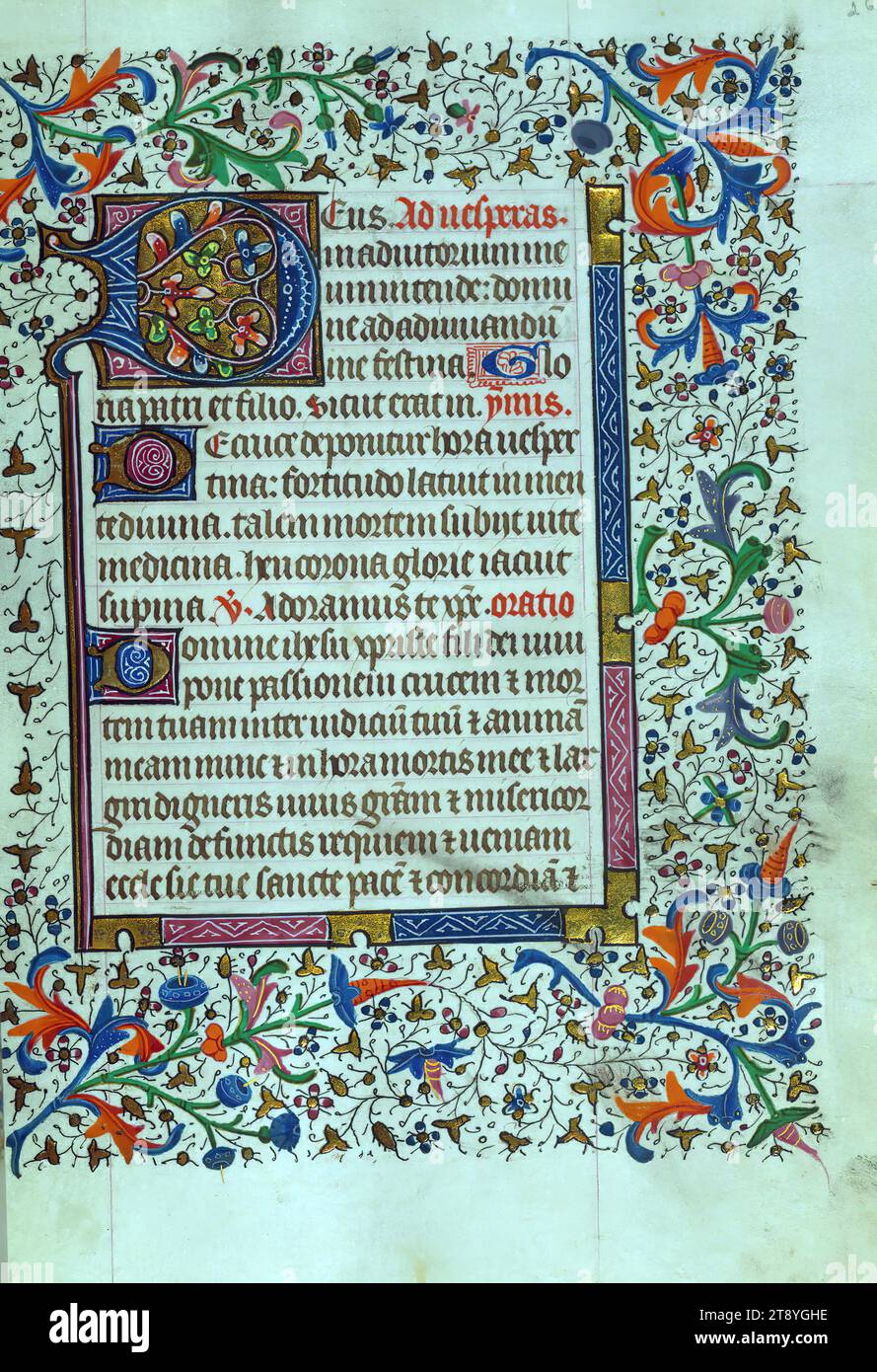 Libro delle ore, iniziale con bordo floreale Foto Stock