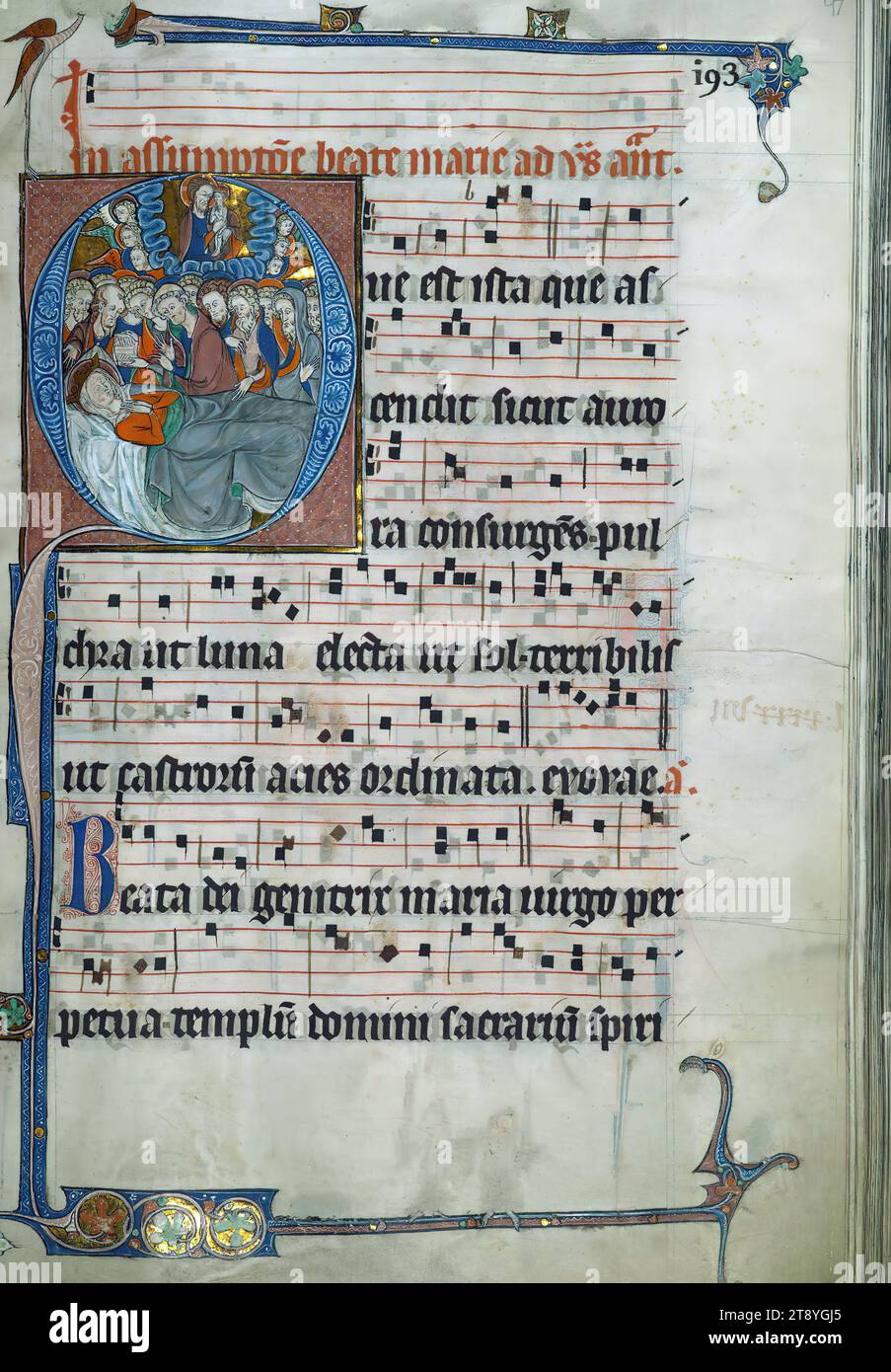 Beaupre Antifonario, Vol. 2, morte della Vergine, Historiated Initial 'Q', 6 linee di musica e testo alternati per un totale di 3 linee combinate Foto Stock