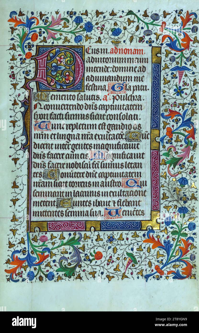 Libro delle ore, iniziale con bordo floreale Foto Stock