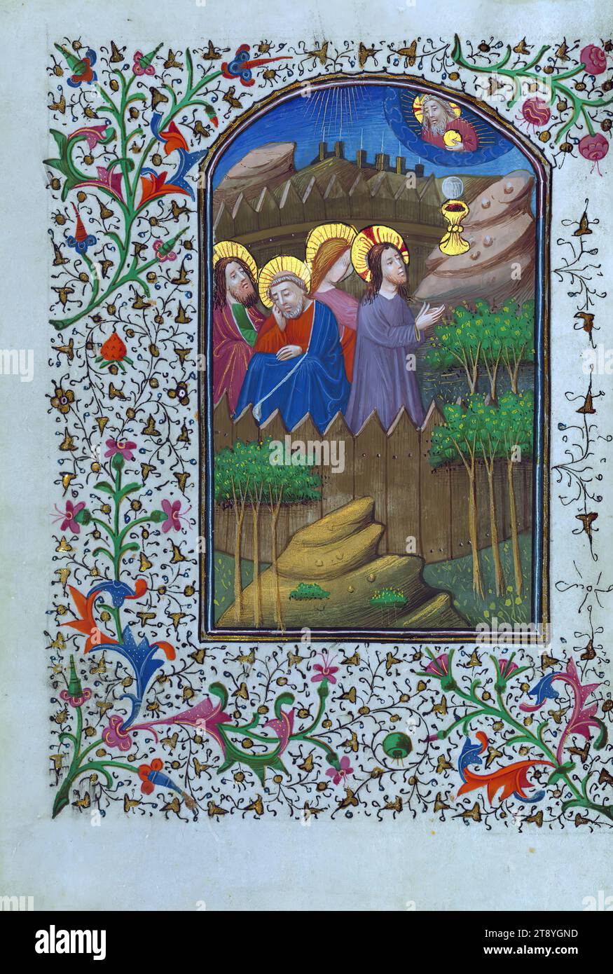 Libro delle ore, Cristo che prega nel Giardino del Getsemani, miniatura a pagina intera Foto Stock