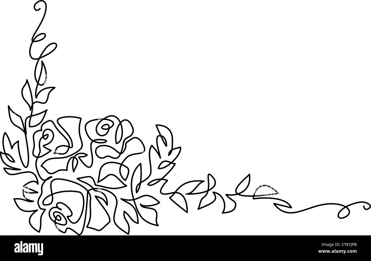 Cornice ghirlanda di rose da giardino con foglie. Disegno continuo a una linea. Illustrazione Vettoriale