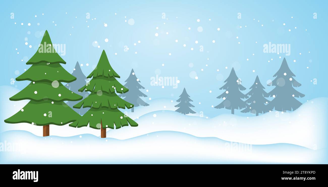 Paesaggio invernale con abeti, sagoma di una foresta di conifere, neve che cade. Sfondo innevato con posto per il testo per Natale, Capodanno. Natura Illustrazione Vettoriale