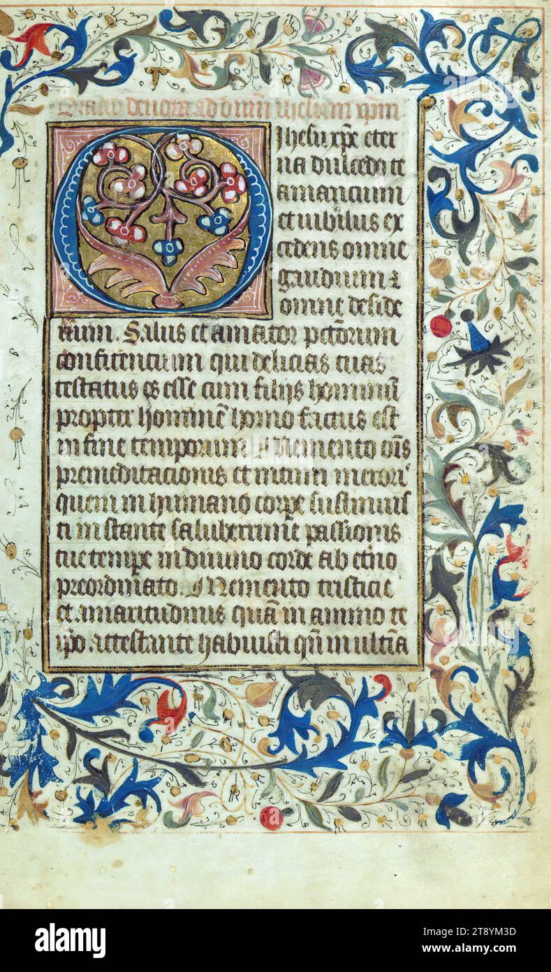 Libro delle ore, illuminato decorato iniziale, questo libro è stato creato ca. 1460-70 d.C. a Bruges dal laboratorio di Willem Vrelant per un patrono inglese, come suggerito dai molti santi inglesi inclusi nel calendario. Il manoscritto è pesantemente illuminato e contiene trenta iniziali storiate, alcune con temi insoliti, come le ferite di Cristo e l'omicidio di San Thomas Becket. Mentre il numero di illuminazioni è elevato, la loro esecuzione è abbastanza standard Foto Stock