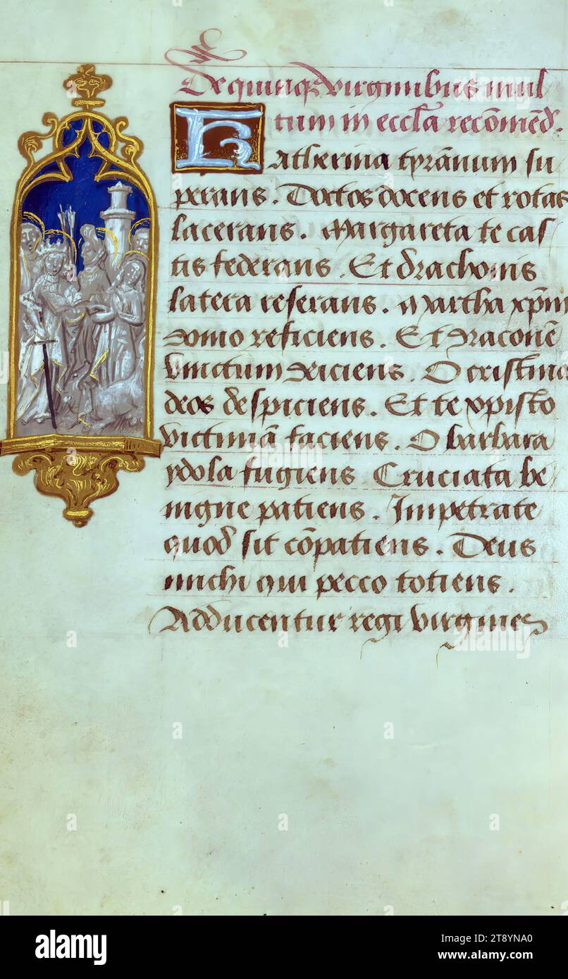 Libro delle ore (uso di Roma), cinque santi femminili, creato nel XV secolo e ripreso poco dopo, questo piccolo Libro delle ore può ancora apparire come un visitatore del XVI secolo l'ha visto. In quel periodo, era ricoperta in Belgio o in Inghilterra con un sontuoso velluto rosso impreziosito da ricami in seta e argento. Il manoscritto stesso fu prodotto nelle Fiandre intorno al 1480-1490, ed era probabilmente destinato a Cambrai, come indicato dalla selezione dei santi nel calendario Foto Stock