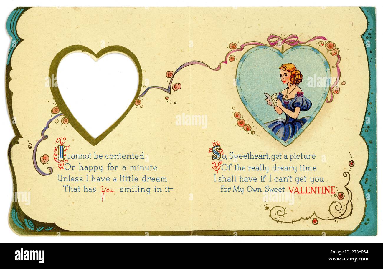 Originale, affascinante, cartolina di San Valentino degli anni '1950, all'interno. Foto Stock