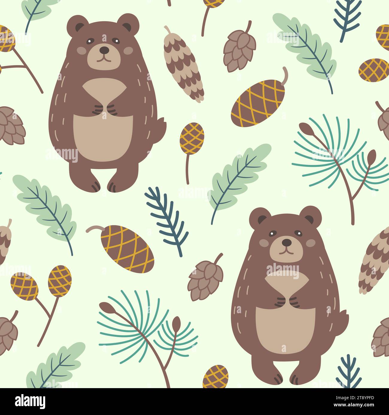 Motivo invernale decorativo senza cuciture con rametto verde, cono di pino e orso. Foto Stock