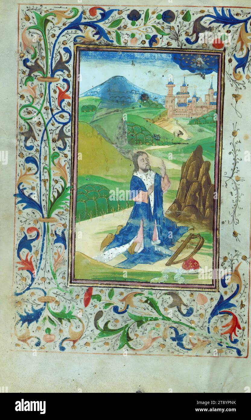 Libro delle ore, David penitent, questo libro è stato creato ca. 1460-70 d.C. a Bruges dal laboratorio di Willem Vrelant per un patrono inglese, come suggerito dai molti santi inglesi inclusi nel calendario. Il manoscritto è pesantemente illuminato e contiene trenta iniziali storiate, alcune con temi insoliti, come le ferite di Cristo e l'omicidio di San Thomas Becket. Mentre il numero di illuminazioni è elevato, la loro esecuzione è abbastanza standard Foto Stock