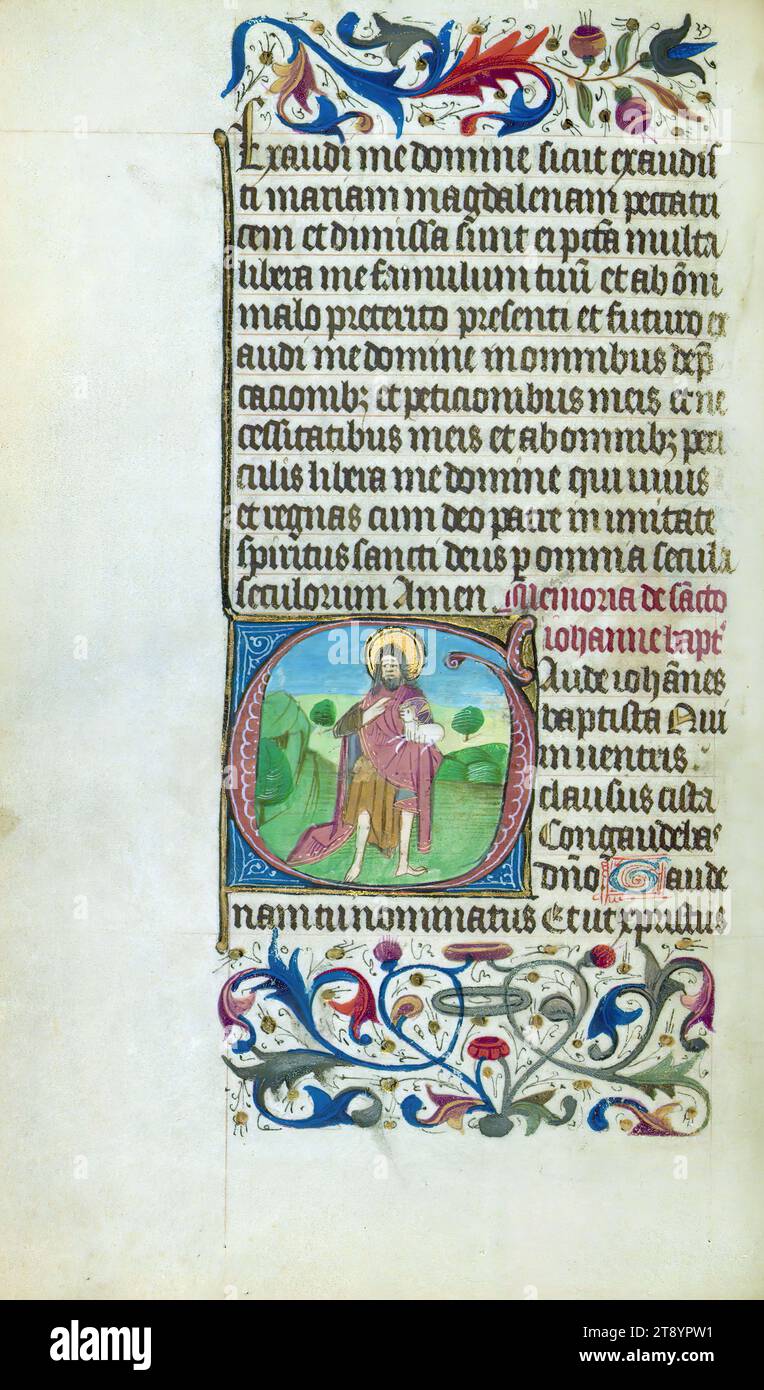 Libro degli orari, St. Giovanni Battista, questo libro è stato creato ca. 1460-70 d.C. a Bruges dal laboratorio di Willem Vrelant per un patrono inglese, come suggerito dai molti santi inglesi inclusi nel calendario. Il manoscritto è pesantemente illuminato e contiene trenta iniziali storiate, alcune con temi insoliti, come le ferite di Cristo e l'omicidio di San Thomas Becket. Mentre il numero di illuminazioni è elevato, la loro esecuzione è abbastanza standard Foto Stock