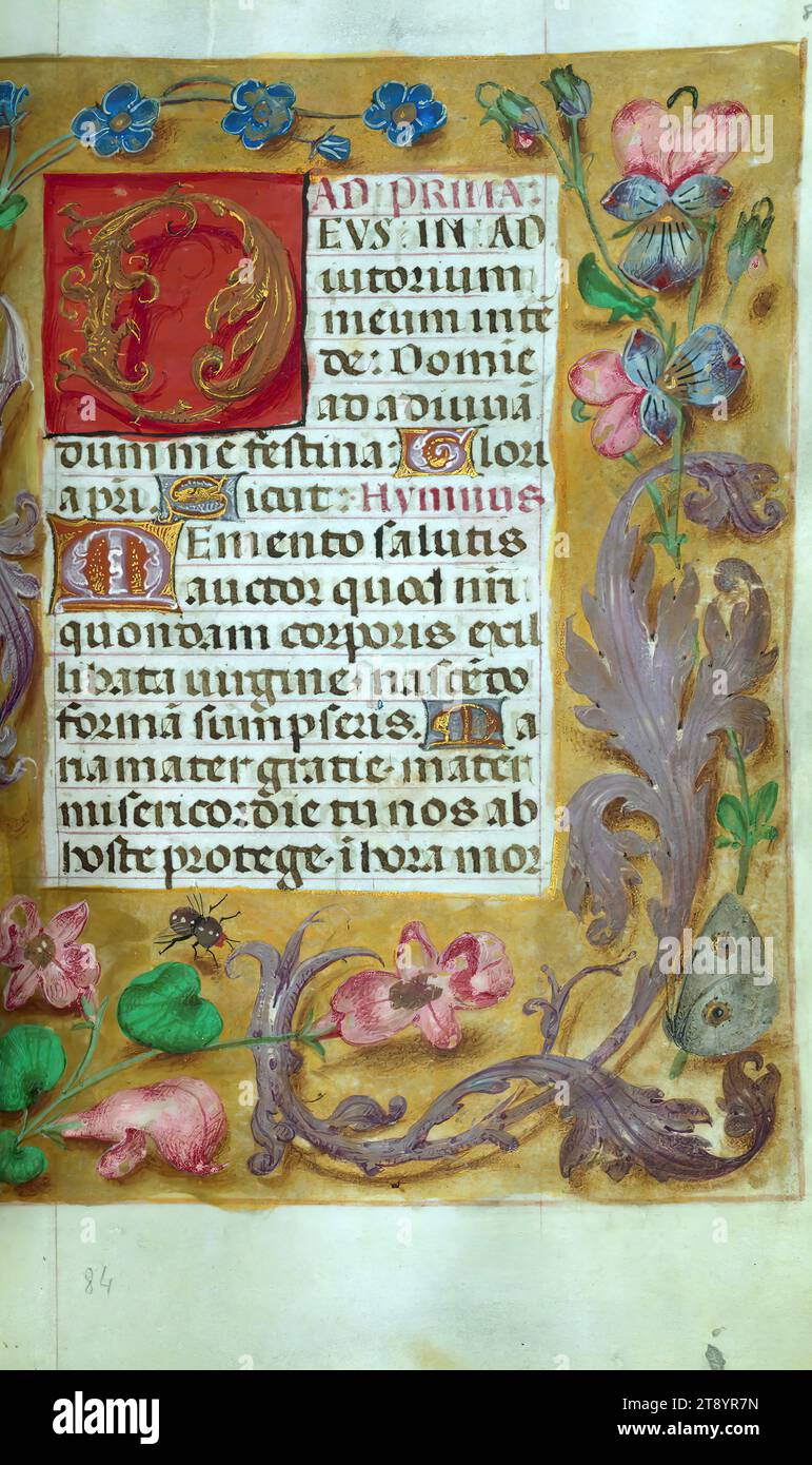 Libro delle ore, questo manoscritto è stato creato CA. 1500 a Bruges o Gand, e fu influenzato dal Maestro dei libri di preghiera, dal Maestro del Libro di preghiera di Dresda e dal Maestro delle Scene di David nel breviario di Grimani. Probabilmente è stato fatto per una patrona femminile con affinità francescana, come suggerito dal contenuto del calendario. Il libro è pesantemente illuminato con diciannove miniature, marginalia su pagine senza miniature, e ventiquattro illuminazioni del calendario, quest'ultimo include segni zodiacali abbinati a illustrazioni del lavoro del mese Foto Stock