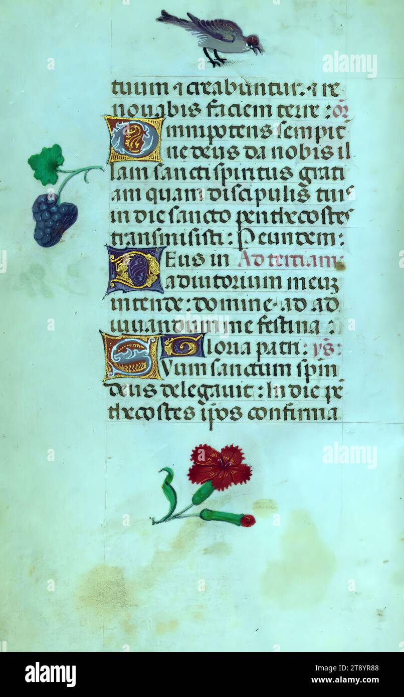 Libro delle ore, questo manoscritto è stato creato CA. 1500 a Bruges o Gand, e fu influenzato dal Maestro dei libri di preghiera, dal Maestro del Libro di preghiera di Dresda e dal Maestro delle Scene di David nel breviario di Grimani. Probabilmente è stato fatto per una patrona femminile con affinità francescana, come suggerito dal contenuto del calendario. Il libro è pesantemente illuminato con diciannove miniature, marginalia su pagine senza miniature, e ventiquattro illuminazioni del calendario, quest'ultimo include segni zodiacali abbinati a illustrazioni del lavoro del mese Foto Stock