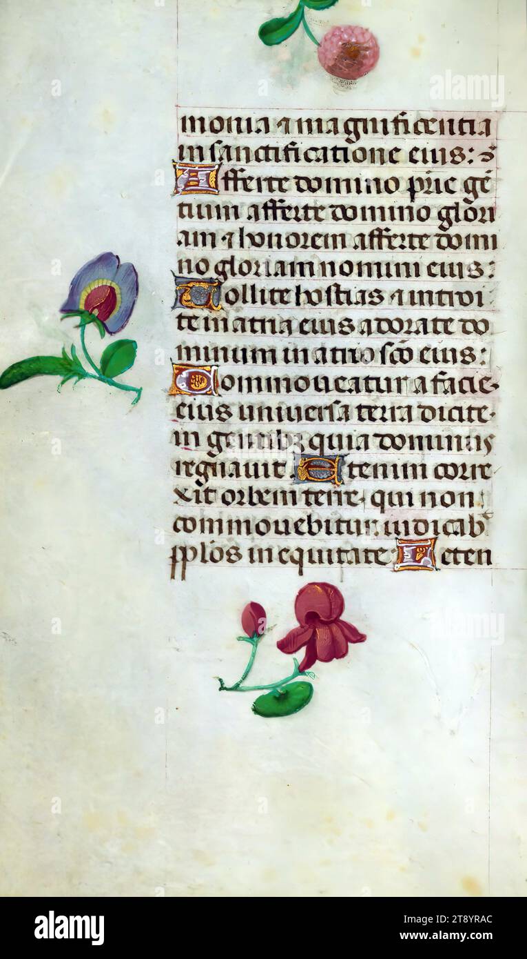 Libro delle ore, questo manoscritto è stato creato CA. 1500 a Bruges o Gand, e fu influenzato dal Maestro dei libri di preghiera, dal Maestro del Libro di preghiera di Dresda e dal Maestro delle Scene di David nel breviario di Grimani. Probabilmente è stato fatto per una patrona femminile con affinità francescana, come suggerito dal contenuto del calendario. Il libro è pesantemente illuminato con diciannove miniature, marginalia su pagine senza miniature, e ventiquattro illuminazioni del calendario, quest'ultimo include segni zodiacali abbinati a illustrazioni del lavoro del mese Foto Stock