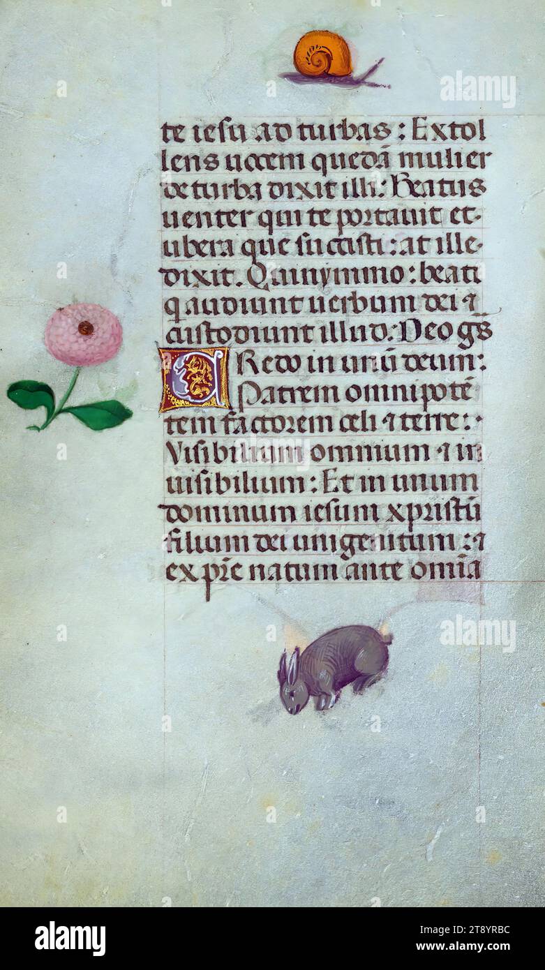 Libro delle ore, questo manoscritto è stato creato CA. 1500 a Bruges o Gand, e fu influenzato dal Maestro dei libri di preghiera, dal Maestro del Libro di preghiera di Dresda e dal Maestro delle Scene di David nel breviario di Grimani. Probabilmente è stato fatto per una patrona femminile con affinità francescana, come suggerito dal contenuto del calendario. Il libro è pesantemente illuminato con diciannove miniature, marginalia su pagine senza miniature, e ventiquattro illuminazioni del calendario, quest'ultimo include segni zodiacali abbinati a illustrazioni del lavoro del mese Foto Stock