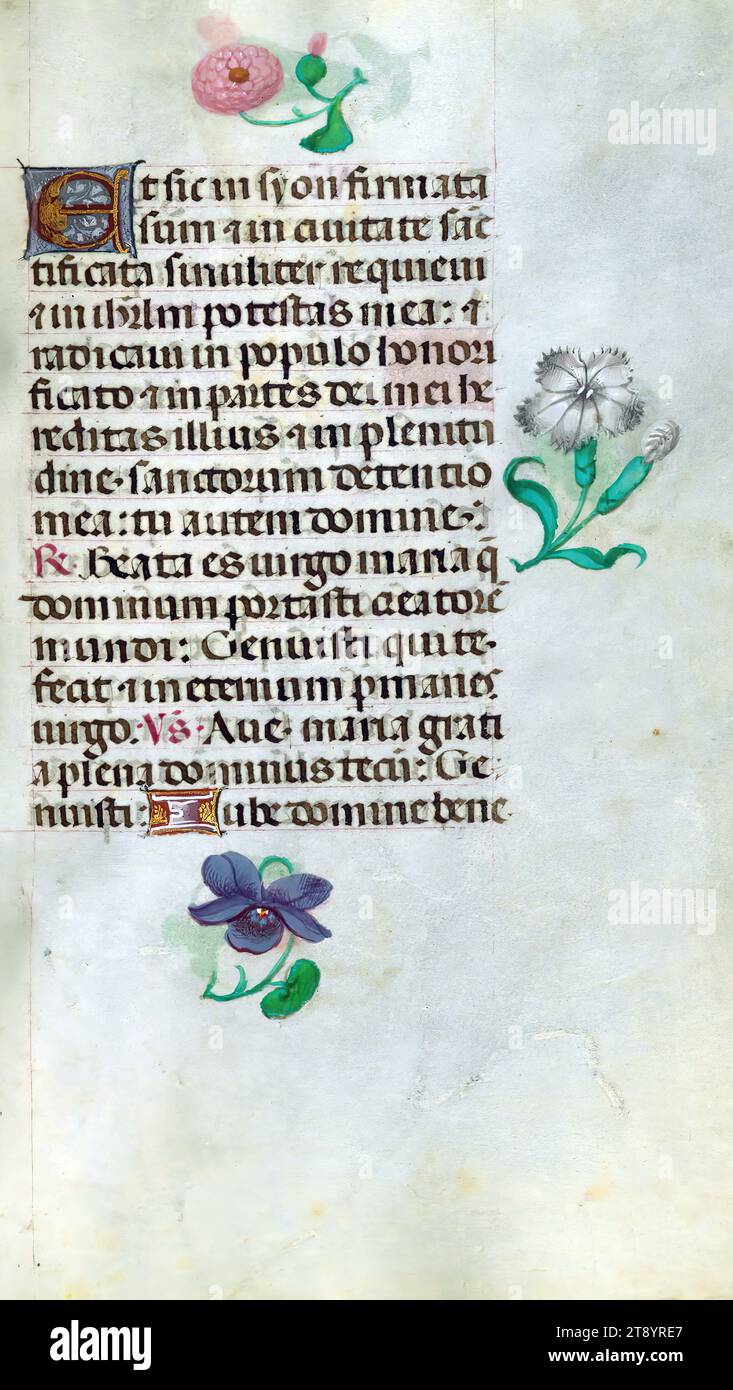 Libro delle ore, questo manoscritto è stato creato CA. 1500 a Bruges o Gand, e fu influenzato dal Maestro dei libri di preghiera, dal Maestro del Libro di preghiera di Dresda e dal Maestro delle Scene di David nel breviario di Grimani. Probabilmente è stato fatto per una patrona femminile con affinità francescana, come suggerito dal contenuto del calendario. Il libro è pesantemente illuminato con diciannove miniature, marginalia su pagine senza miniature, e ventiquattro illuminazioni del calendario, quest'ultimo include segni zodiacali abbinati a illustrazioni del lavoro del mese Foto Stock