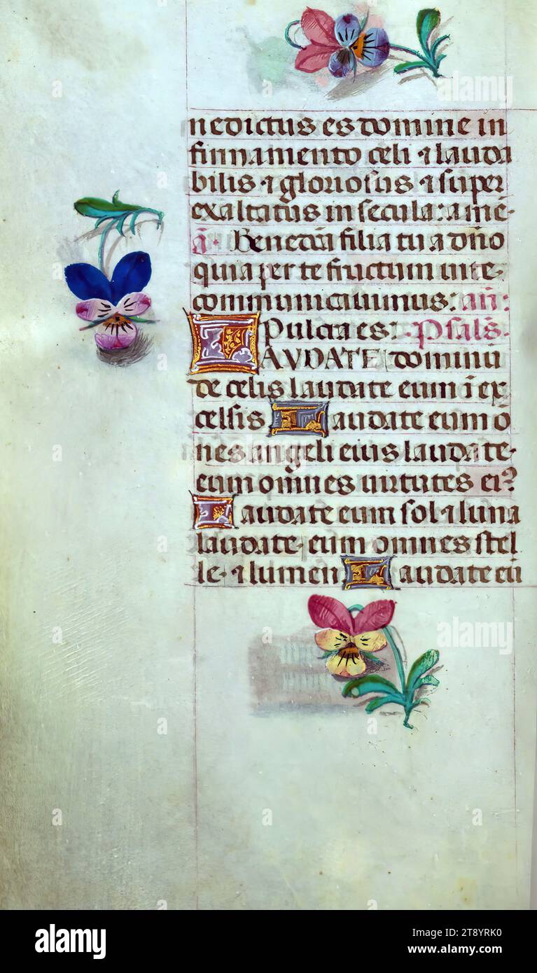 Libro delle ore, questo manoscritto è stato creato CA. 1500 a Bruges o Gand, e fu influenzato dal Maestro dei libri di preghiera, dal Maestro del Libro di preghiera di Dresda e dal Maestro delle Scene di David nel breviario di Grimani. Probabilmente è stato fatto per una patrona femminile con affinità francescana, come suggerito dal contenuto del calendario. Il libro è pesantemente illuminato con diciannove miniature, marginalia su pagine senza miniature, e ventiquattro illuminazioni del calendario, quest'ultimo include segni zodiacali abbinati a illustrazioni del lavoro del mese Foto Stock