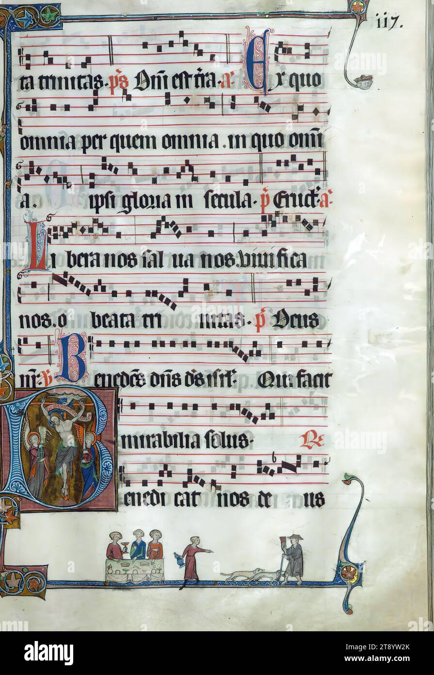 Beaupre Antifonario, Vol. 1, iniziale "B" con Trinità in forma di Crocifissione con colomba e rotolo inscritto che simboleggia Dio-padre, illuminato in Hainaut ca. 1280 e completata nel 1290, questa collezione di manoscritti cistercensi riccamente illuminati è un raro esempio di quelli prodotti nelle Fiandre alla fine del XIII secolo. Diciotto grandi iniziali storiate esistenti, iniziali fiorite e decorate, e un'abbondanza di divertenti sbavature facilitano una narrazione liturgica all'interno del testo Foto Stock