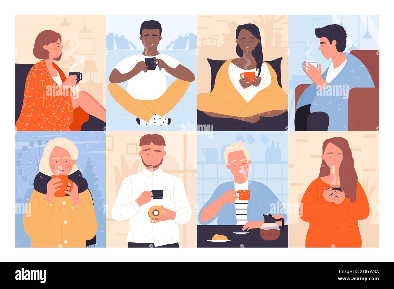 Le persone con bevande calde impostano un'illustrazione vettoriale. Cartoni animati personaggi maschili e femminili che bevono tè o caffè caldo a casa o all'aperto per tenersi al caldo e rilassarsi, indossando abiti caldi o coperte Illustrazione Vettoriale