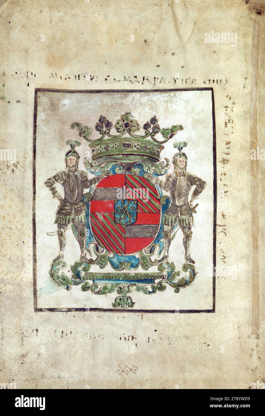 Libro delle ore, Araldica, volantino anteriore i, V, completato ca. 1440-50 e illuminato nello stile dei Maestri dei rotoli d'oro, questo Libro delle ore conserva molte informazioni sulla sua provenienza. Il primo proprietario fu probabilmente Barbe de Feuru, la cui firma si trova sul banco anteriore. Il libro contiene l'ex libris di Jean di Ricaumez e di sua moglie, Caterina di Barbenchon; la loro iscrizione francese sul pastedown promette buon vino al cercatore del libro se perso Foto Stock