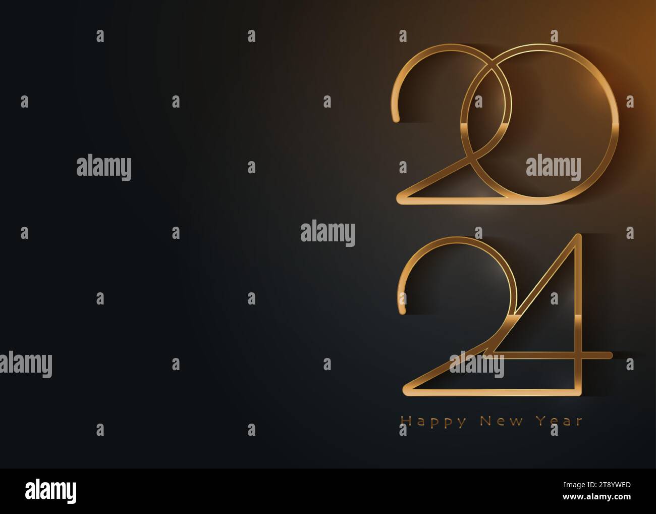 Design del logo dell'oro per il Capodanno 2024. Biglietto d'auguri per le festività. Illustrazione vettoriale. Design festivo per biglietti d'auguri, inviti, calendario, feste, Golden Illustrazione Vettoriale