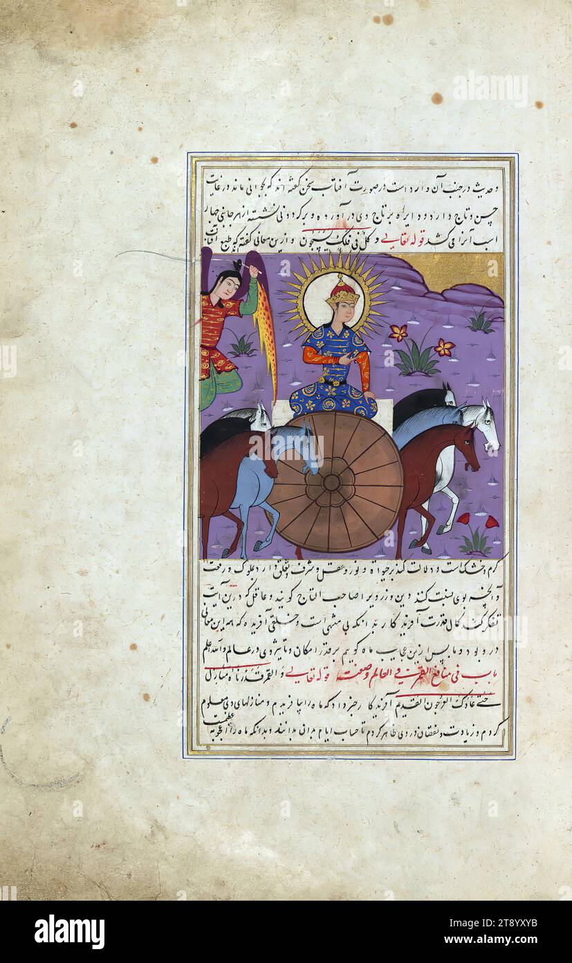 Meraviglie della creazione, il sole raffigurato come un re che guida una carrozza con quattro cavalli: Un angelo che si libra in alto a sinistra, Una versione persiana delle famose "meraviglie della creazione" (ʿAjā'ib al-makhlūqāt) di Zakariyāʾ al-Qazwīnī (d. 682 AH / 1283 d.C.). Composto da Shams al-Dīn Muḥammad al-Ṭūsī (fl. Vi secolo AH /XII d.C.), questo manoscritto, che potrebbe essere stato copiato da uno scriba iraniano, è stato illustrato con 181 miniature (compresa una mappa a doppia pagina del mondo) da diversi artisti probabilmente in Turchia nel X secolo AH / XVI d.C. Foto Stock