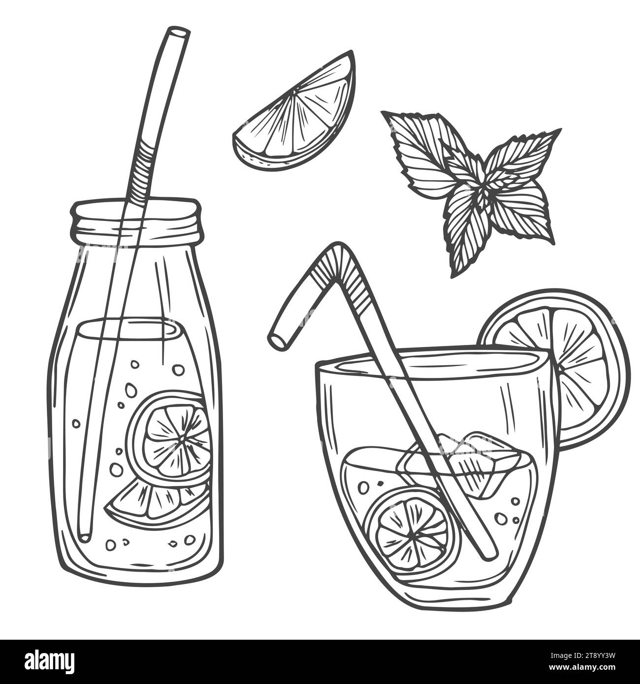 Illustrazione dello schizzo vettoriale di limonata disegnata a mano. Bicchiere di mojito con cannucce, ghiaccio, lime e menta. Contorno in bianco e nero dei cartoni animati. Stile artistico Doodle. Illustrazione Vettoriale