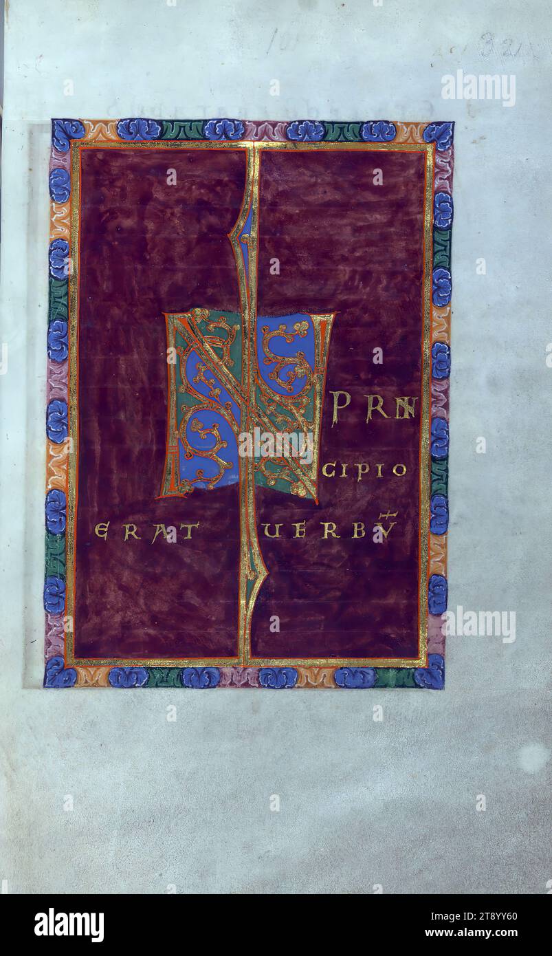 Manoscritto miniato, Vangeli di Reichenau, Ornated Initial, si ritiene che questo libro evangelico provenga dall'Abbazia di San Peters in Reichenau, sulla base del suo copione, della sua illuminazione e del fatto che contiene un'immagine di dedica, in cui un libro viene consegnato a San Pietro. La decorazione del manoscritto lo colloca nella cosiddetta scuola Luithar di Reichenau. I suoi motivi ornamentali si confrontano molto da vicino con quelli di Monaco, CLM. 4453, e la sua tavolozza è quasi identica a quella dei manoscritti Reichenau del Tesoro della Cattedrale di Bamberga Foto Stock