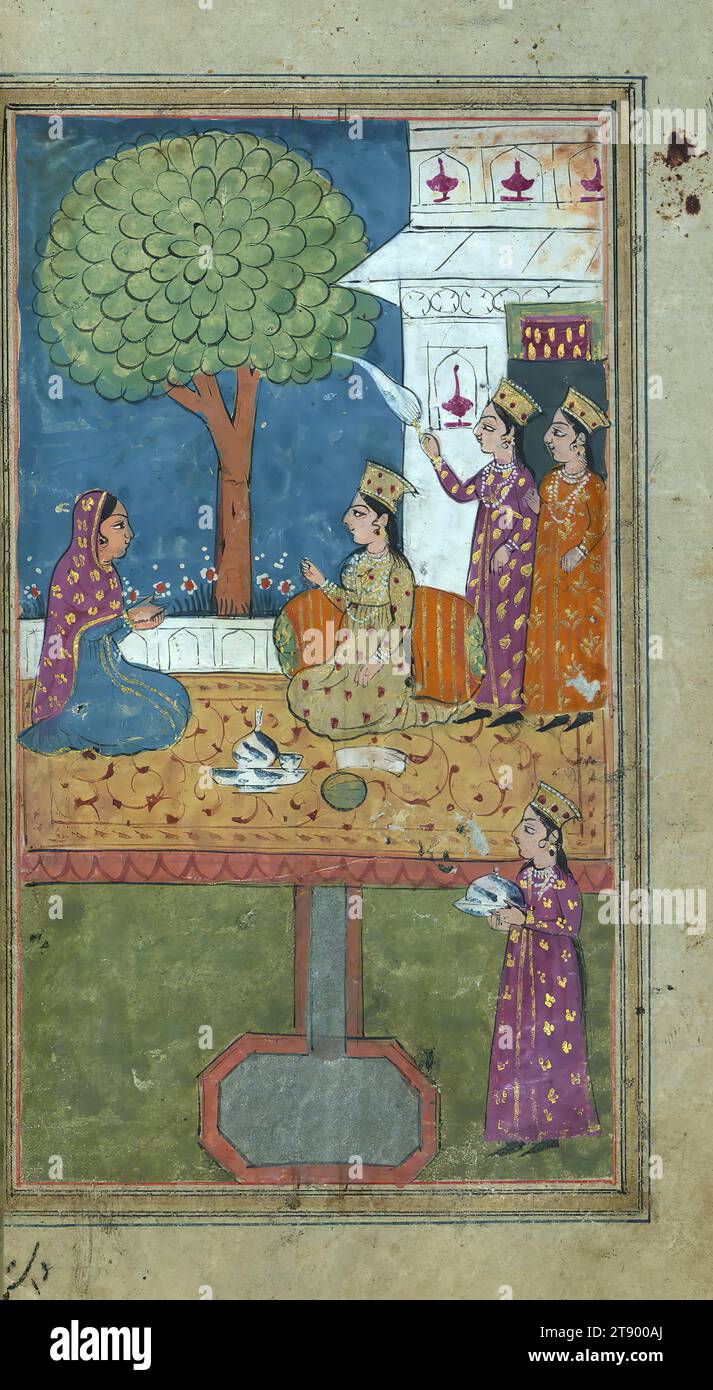Manoscritto miniato, Yusuf e Zulaykha, questa è una copia miniata e illustrata di Yūsuf va Zulaykhā (moglie di Giuseppe e Potifo) di Jāmī (d. 898 AH / 1492 d.C.). Secondo il colofone, il testo è stato scritto da Muḥammad Mīrak in Kashmir nel 1190 AH / 1776 d.C. sull'ordine di Badal Khān Ṣāḥib. Incompleto all'inizio, il testo è illustrato con trentaquattro dipinti. Qui Zulaykhā mostra a Giuseppe il suo palazzo di recente costruzione con sette stanze Foto Stock