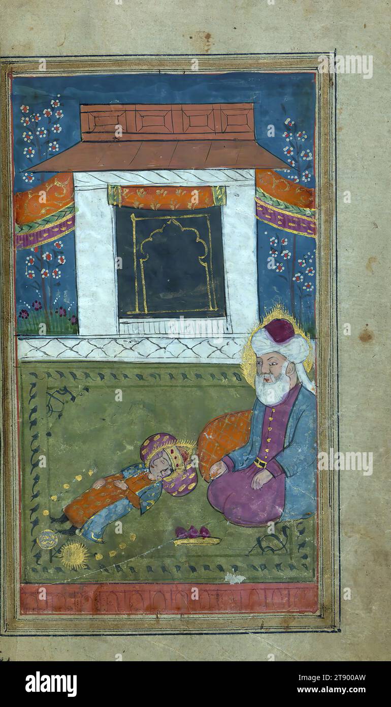 Manoscritto miniato, Yusuf e Zulaykha, questa è una copia miniata e illustrata di Yūsuf va Zulaykhā (moglie di Giuseppe e Potifo) di Jāmī (d. 898 AH / 1492 d.C.). Secondo il colofone, il testo è stato scritto da Muḥammad Mīrak in Kashmir nel 1190 AH / 1776 d.C. sull'ordine di Badal Khān Ṣāḥib. Incompleto all'inizio, il testo è illustrato con trentaquattro dipinti. Qui Giuseppe, addormentato accanto a Giacobbe, sogna il sole e la luna che si inchinano a lui Foto Stock