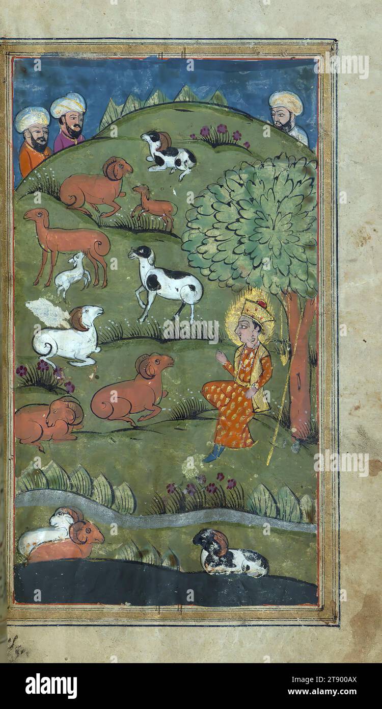 Manoscritto miniato, Yusuf e Zulaykha, questa è una copia miniata e illustrata di Yūsuf va Zulaykhā (moglie di Giuseppe e Potifo) di Jāmī (d. 898 AH / 1492 d.C.). Secondo il colofone, il testo è stato scritto da Muḥammad Mīrak in Kashmir nel 1190 AH / 1776 d.C. sull'ordine di Badal Khān Ṣāḥib. Incompleto all'inizio, il testo è illustrato con trentaquattro dipinti. Qui Joseph è impiegato da Zulaykhā come pastore Foto Stock