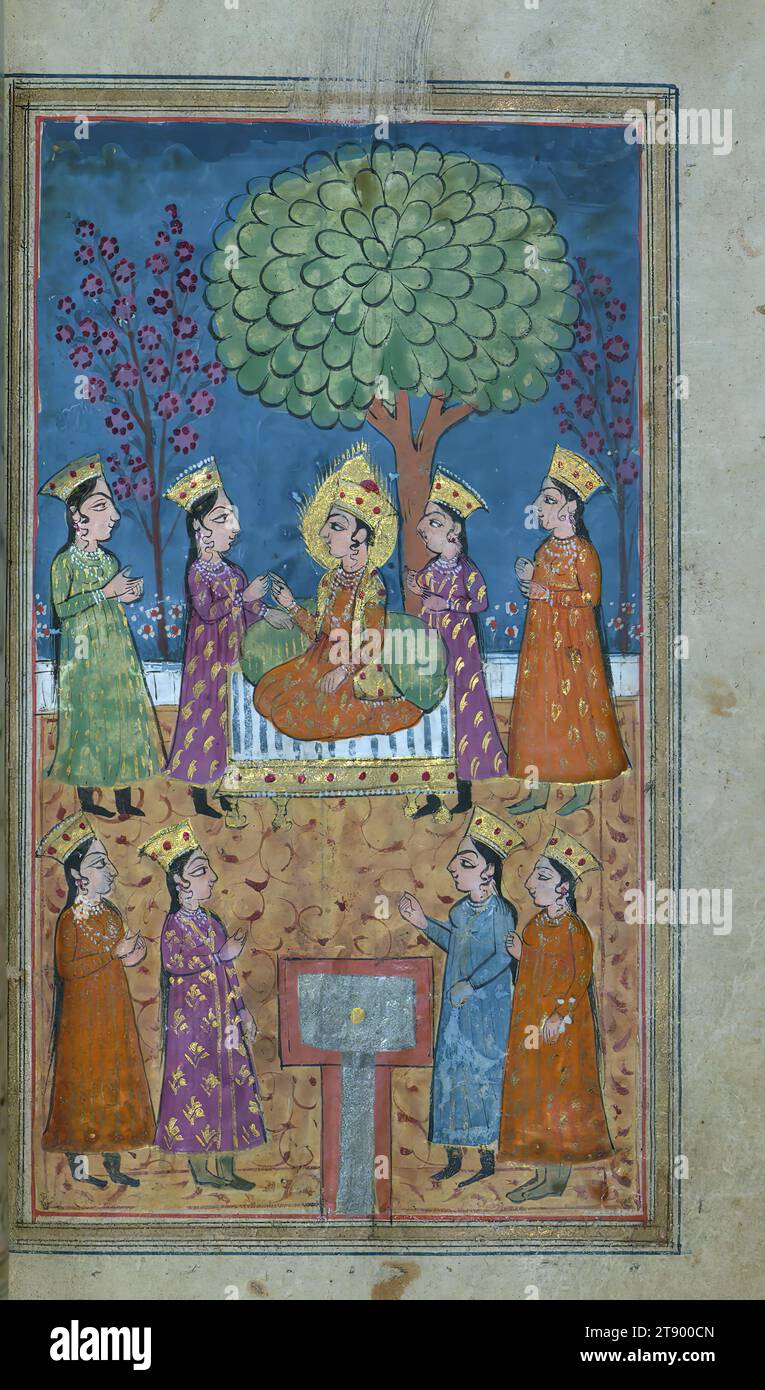 Manoscritto miniato, Yusuf e Zulaykha, questa è una copia miniata e illustrata di Yūsuf va Zulaykhā (moglie di Giuseppe e Potifo) di Jāmī (d. 898 AH / 1492 d.C.). Secondo il colofone, il testo è stato scritto da Muḥammad Mīrak in Kashmir nel 1190 AH / 1776 d.C. sull'ordine di Badal Khān Ṣāḥib. Incompleto all'inizio, il testo è illustrato con trentaquattro dipinti. Qui le cameriere di Zulaykhā si avvicinano a Giuseppe per sceglierne uno come concubina Foto Stock