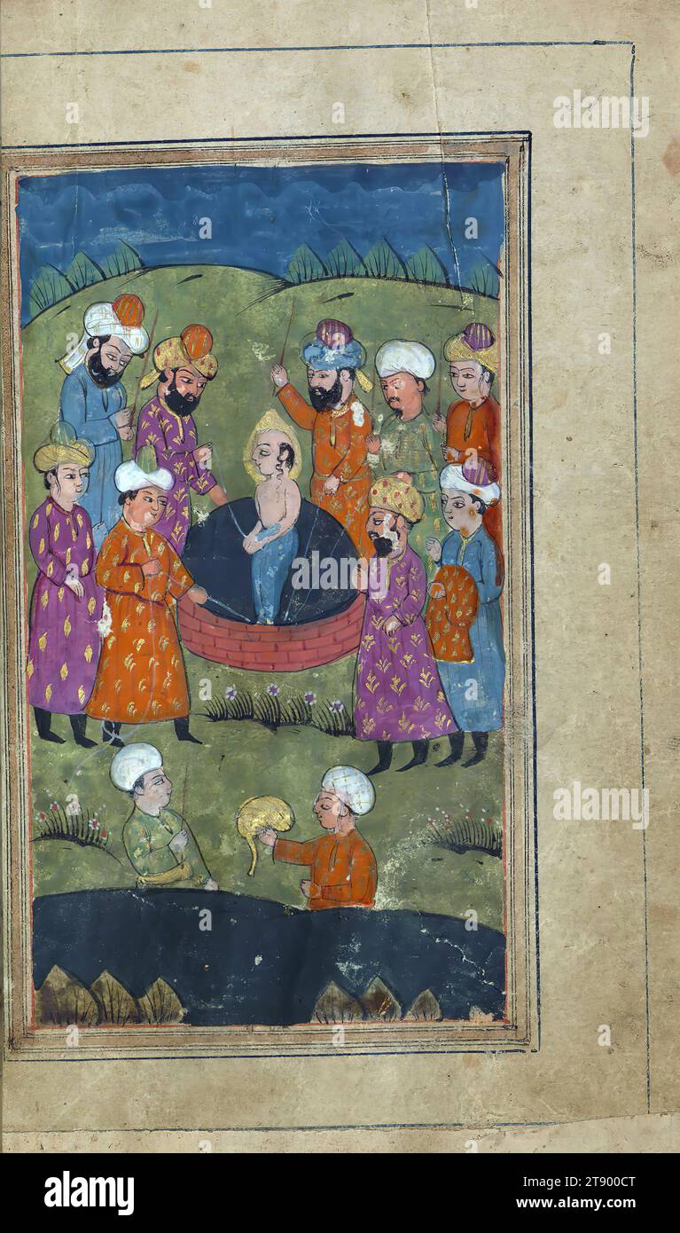 Manoscritto miniato, Yusuf e Zulaykha, questa è una copia miniata e illustrata di Yūsuf va Zulaykhā (moglie di Giuseppe e Potifo) di Jāmī (d. 898 AH / 1492 d.C.). Secondo il colofone, il testo è stato scritto da Muḥammad Mīrak in Kashmir nel 1190 AH / 1776 d.C. sull'ordine di Badal Khān Ṣāḥib. Incompleto all'inizio, il testo è illustrato con trentaquattro dipinti. Ecco i fratelli di Joseph lo gettano in un pozzo Foto Stock