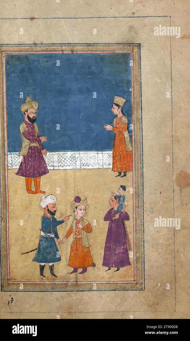 Manoscritto miniato, Yusuf e Zulaykha, questa è una copia miniata e illustrata di Yūsuf va Zulaykhā (moglie di Giuseppe e Potifo) di Jāmī (d. 898 AH / 1492 d.C.). Secondo il colofone, il testo è stato scritto da Muḥammad Mīrak in Kashmir nel 1190 AH / 1776 d.C. sull'ordine di Badal Khān Ṣāḥib. Incompleto all'inizio, il testo è illustrato con trentaquattro dipinti. Qui Zulaykhā mostra a suo marito il pezzo lacerato del collare di Giuseppe come prova della sua colpevolezza Foto Stock