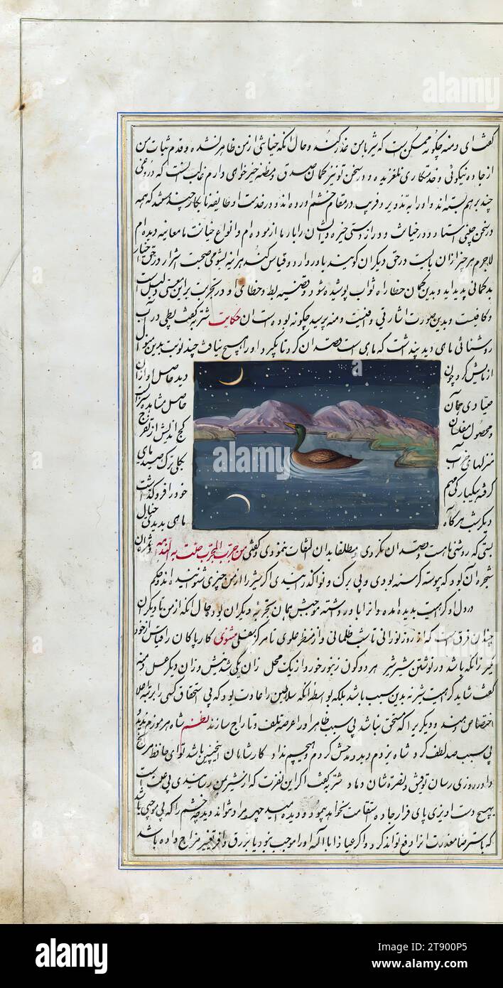 Le luci di Canopo, Un'oca e un riflesso della luna nell'acqua, si tratta di una copia illuminata e illustrata di Anvār-i Suhaylī (le luci di Canopo), risalente al XIII secolo AH / XIX. È una versione persiana di Kalīlah wa-Dimnah (le favole di Bīdpāy). È stato completato il 26 Jumādá i 1264 AH / 1847 CE da Mīrzā Raḥīm. Il testo è scritto in nastaʿliq con inchiostro nero e rosso, rivelando l'influenza della scrittura shikastah. Ci sono 123 dipinti che illustrano il testo. La rilegatura Qajar è originale per il manoscritto Foto Stock
