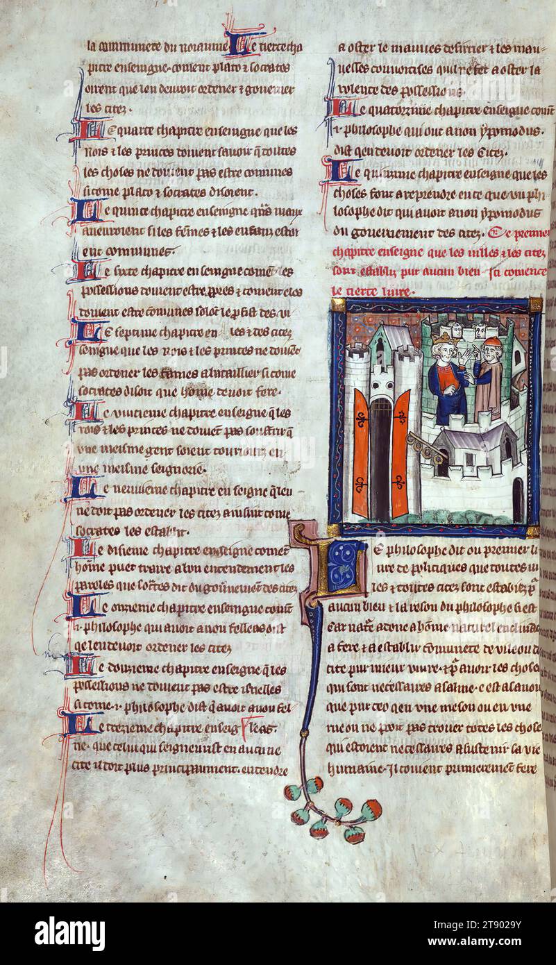 Les livres du gouvernement des roys et des Princes, re e studioso che conversano in cima ai bastioni di una città fortificata, questo manoscritto inglese dell'inizio del XIV secolo è un esempio della traduzione francese di Henri de Gauchy del De regimine principum. Giles di Roma compose per la prima volta il testo in latino per Filippo del bello intorno al 1277, e fu presto tradotto in diverse lingue vernacolari. Quella di Henri de Gauchy fu la più prolificamente copiata delle traduzioni francesi, e rimane esistente in trentuno copie, solo sei delle quali sono di origine inglese Foto Stock