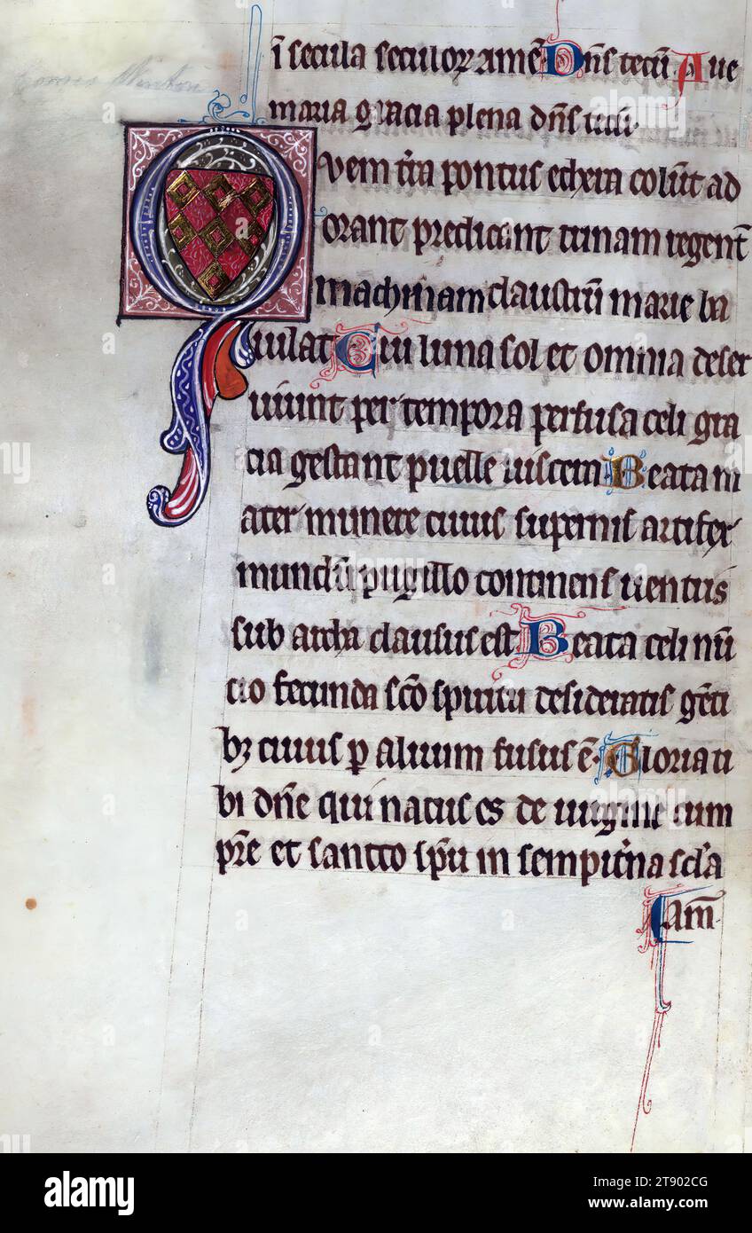 Carrow Psalter, Arms of the Earl of Winchester, questo manoscritto inglese fu realizzato nell'East Anglia a metà del XIII secolo per un patrono con particolare venerazione per San OLAF, la cui vita e il martirio sono rappresentati in modo prominente nell'iniziale "Beato" del Salmo 1. Conosciuto come il "Salterio del Carrow", a causa del suo successivo utilizzo da parte del convento di Carrow vicino a Norwich, è descritto più accuratamente come un Salterio-ore, in quanto contiene l'Ufficio dei morti, le ore della Vergine, e raccoglie Foto Stock