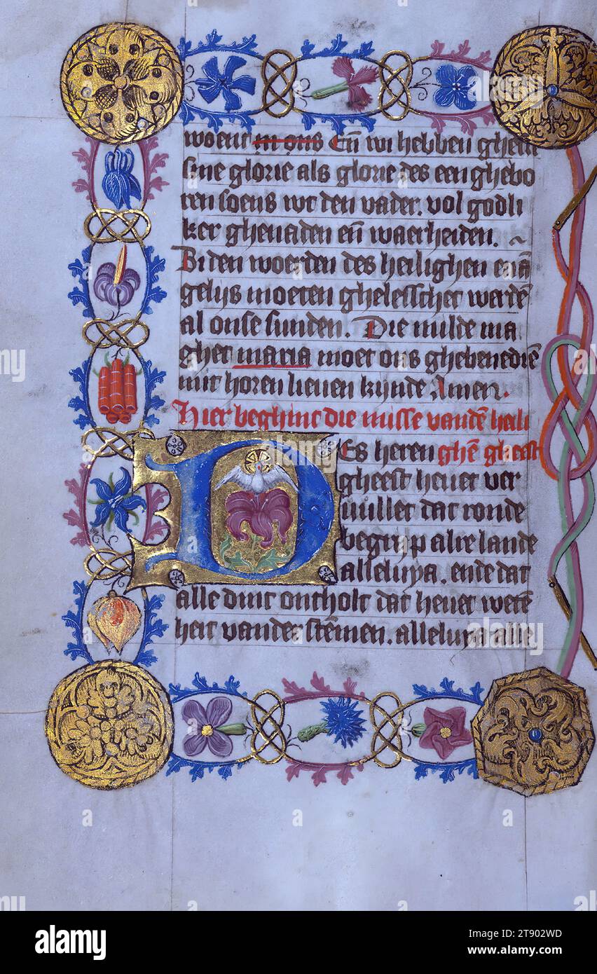 Manoscritto miniato, ore Van Alphen, iniziale D con la colomba dello Spirito Santo Foto Stock