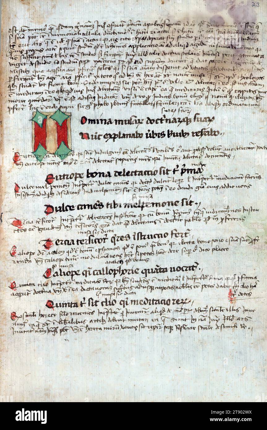 Manoscritto miniato, copia glossed di Graecismus di Eberardo di Bethune, Initial N, questo manoscritto tedesco, scritto su carta circa. 1440, è una copia del poema grammaticale Graecismus di Eberardo di Béthune del XIII secolo. Il poema è qui accompagnato dall'estesa lucentezza di Jean-Vincent Metulin, uno studioso del sud della Francia. Avendo funzionato come un libro di testo, le condizioni del manoscritto suggeriscono che fosse ben utilizzato dagli studenti desiderosi di memorizzare e comprendere le idee di Béthune sull'uso grammaticale delle parole greche Foto Stock