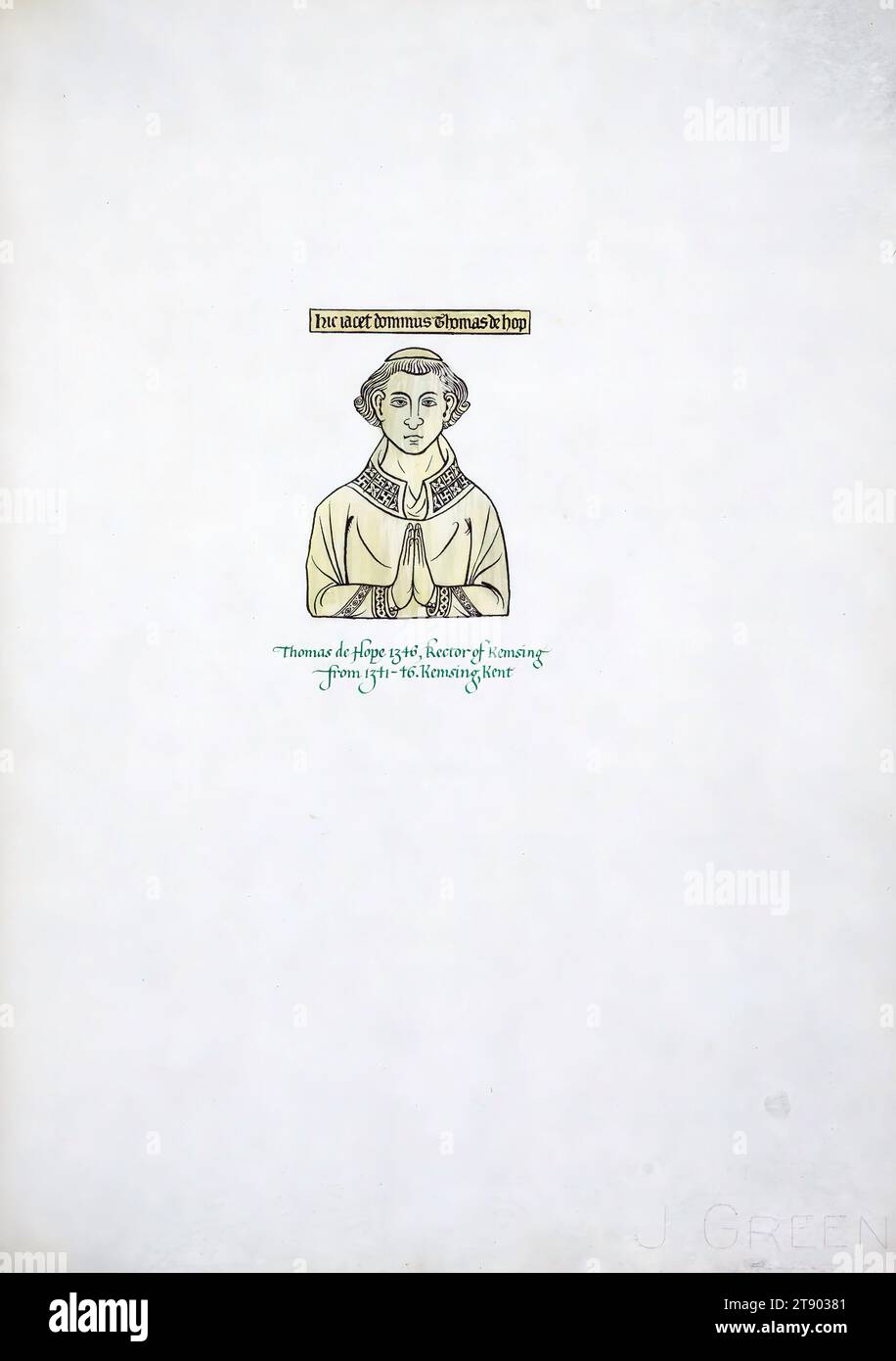 English Brasses, illustrazione di Thomas de Hope, John Woodcock, calligrafo del ventesimo secolo, scritto a mano, illustrato, e ho legato questo libro su English Brasses. Il manoscritto contiene disegni di strofinature di ottone di molti cavalieri e nobili, tra cui Sir John d'Abernon, Thomas de Hope e Nichol de Gore, nonché di nobili donne come le mogli di Reginald de Malyns, Nicholas Wadham e Nicholas Wotton Foto Stock