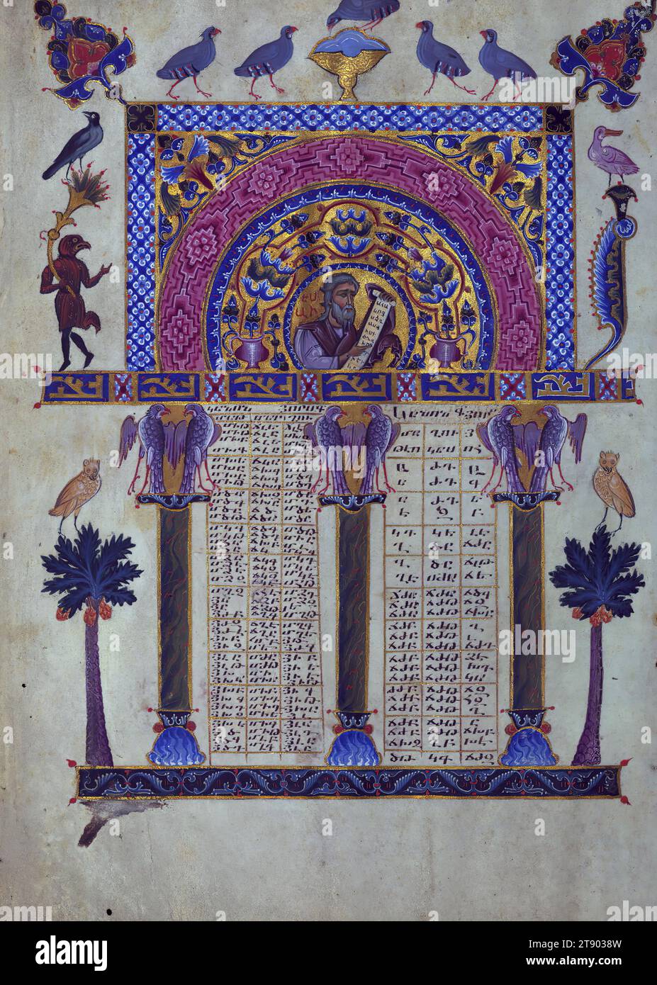 T'oros Roslin Vangeli, Canon Table with Isaiah, questo manoscritto è stato realizzato nel 1262 da T'oros Roslin, un illuminatore estremamente prominente, che ha esteso la gamma di illuminazioni manoscritte introducendo un intero ciclo di immagini nei vangeli piuttosto che, come era tradizionale, includendo solo i ritratti degli evangelisti. Questo particolare manoscritto fu creato presso lo scriptorium di Hromkla, che divenne il principale centro artistico della Cilicia armena sotto il dominio di catholicos Costantino i (1221-1267) Foto Stock