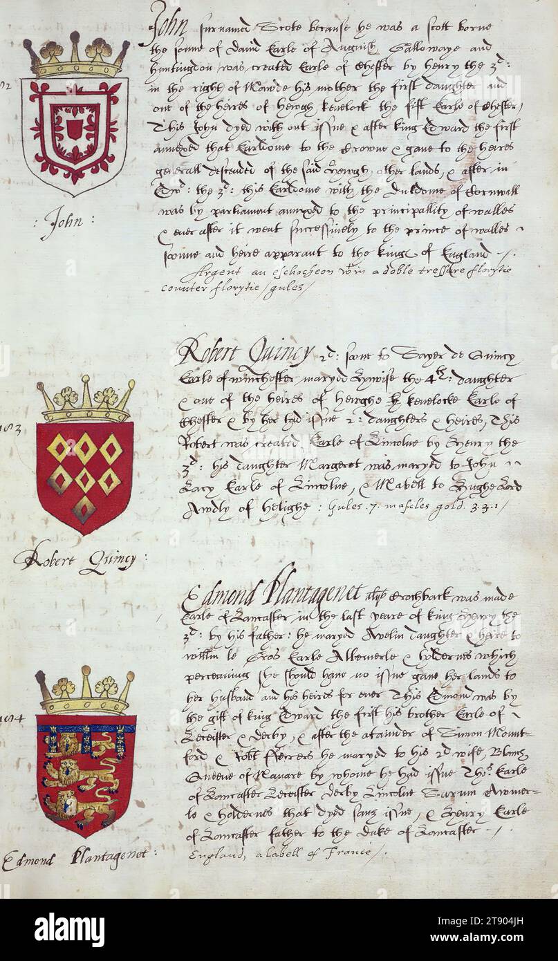 Libro di araldica inglese, Arms of John, Robert Quincy, and Edmund Plantagenet, questo libro di araldica inglese fu completato circa. 1589. Il manoscritto apparteneva alla famiglia Spencer, nota attraverso iscrizioni sui primi volani, tra cui il motto "Dieu defende le Droit" (Dio difende la destra). Questo motto è stato a lungo associato alla famiglia Spencer d'Inghilterra, che è la linea di famiglia della principessa Diana, così come gli Spencers che furono tra i fondatori della Virginia Foto Stock