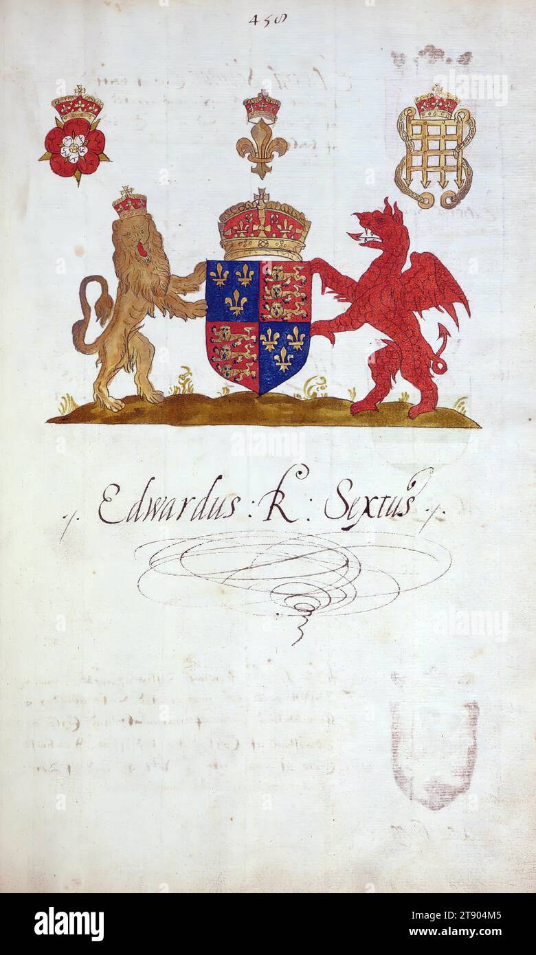 Libro di araldica inglese, Arms of Edwardus Rex Sextus, questo libro di araldica inglese è stato completato circa. 1589. Il manoscritto apparteneva alla famiglia Spencer, nota attraverso iscrizioni sui primi volani, tra cui il motto "Dieu defende le Droit" (Dio difende la destra). Questo motto è stato a lungo associato alla famiglia Spencer d'Inghilterra, che è la linea di famiglia della principessa Diana, così come gli Spencers che furono tra i fondatori della Virginia Foto Stock