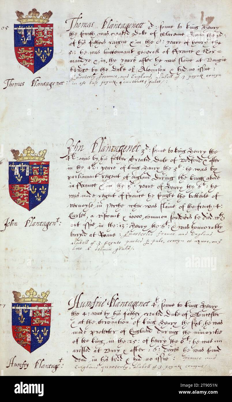 Libro di araldica inglese, Arms of Thomas Plantagenet, John Plantagenet, and Humfrie Plantagenet, questo libro di araldica inglese fu completato nel ca. 1589. Il manoscritto apparteneva alla famiglia Spencer, nota attraverso iscrizioni sui primi volani, tra cui il motto "Dieu defende le Droit" (Dio difende la destra). Questo motto è stato a lungo associato alla famiglia Spencer d'Inghilterra, che è la linea di famiglia della principessa Diana, così come gli Spencers che furono tra i fondatori della Virginia Foto Stock