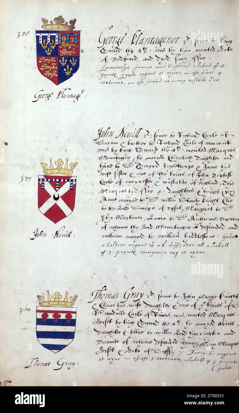 Libro di araldica inglese, Arms of George Plantagenet, John Nevill e Thomas Gray, questo libro di araldica inglese è stato completato circa. 1589. Il manoscritto apparteneva alla famiglia Spencer, nota attraverso iscrizioni sui primi volani, tra cui il motto "Dieu defende le Droit" (Dio difende la destra). Questo motto è stato a lungo associato alla famiglia Spencer d'Inghilterra, che è la linea di famiglia della principessa Diana, così come gli Spencers che furono tra i fondatori della Virginia Foto Stock